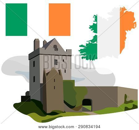 Attractions Of Ireland With Their National Flag And Country Territory, Illustration Isolated On Whit