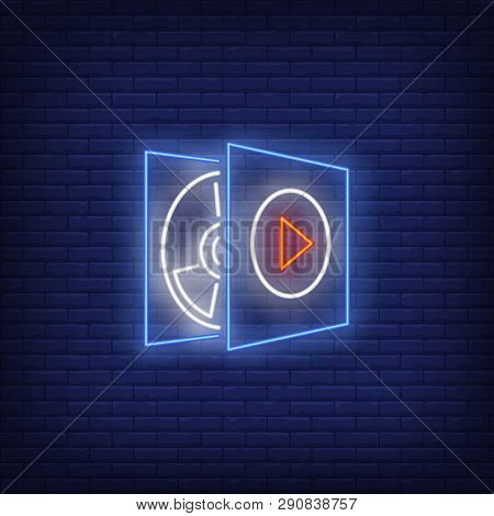 Compact Disk Neon Sign. Glowing Neon Disk With Play Button On Brick Wall Background. Vector Illustra