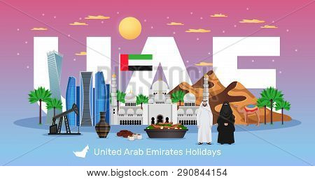 Uae Travel Flat Horizontal Composition With Tourists Attractions National Flag Clothing Dishes Natur