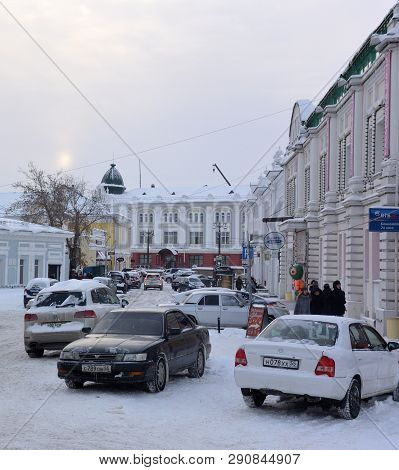Omsk, Russia - December 15, 2016: View Of Karl Liebknecht Street On A Winter Day