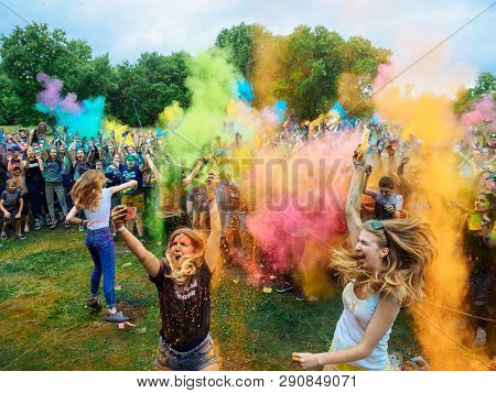 Russia, Bryansk - July 1, 2018: Holy Festival Of Colors. The Crowd Has Fun To The Music