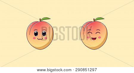 Cute Kawaii Peach, Cartoon Ripe Fruit. Vector Illustration Of Cartoon Honeyed Peach With Charming An