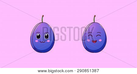 Cute Kawaii Plum, Cartoon Ripe Fruit. Vector Illustration Of Cartoon Blue Plum With Charming And Che