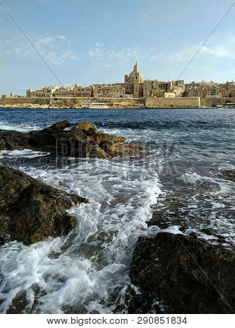 Malta Old City Valetta View With Sea Wave Spalsh