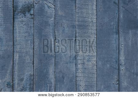 Blue And Gray Wooden Table Close Up. Wood Boards Painted In Gray Blue. Vintage Timber Texture Backgr