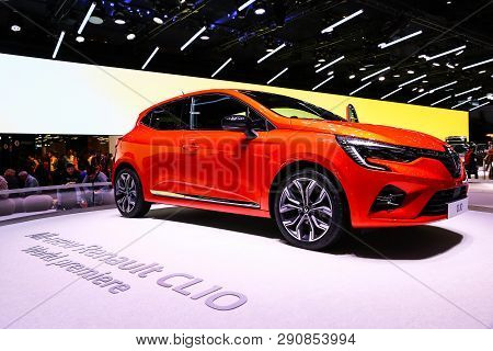 Geneva, Switzerland - March 10, 2019:  Orange Motor Car Renault Clio Presented At The Annual Geneva 