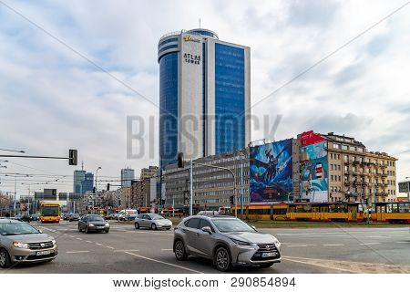 Warsaw Poland. February 18, 2019. Atlas Tower. View Of The Building From The Road.