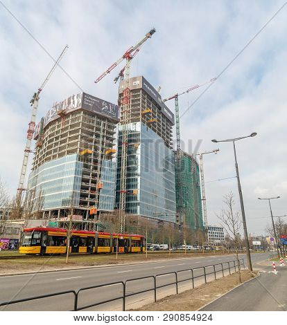 Warsaw Poland. February 18, 2019. Construction Of A New Skyscraper. View Of The Building From The Ro