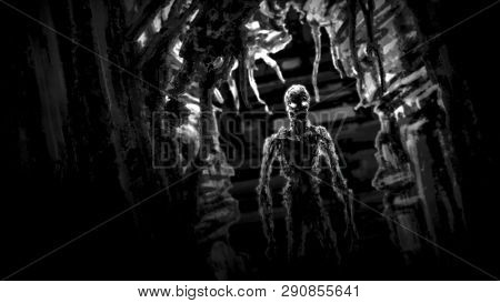 Dark Zombie Standing In Corridor Spaceship With Blinking Light. Illustration In Genre Of Horror. Sca