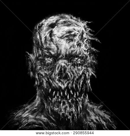Monster Morph Looks Creepy. Illustration In Genre Of Horror. Scary Face Character In Black And White