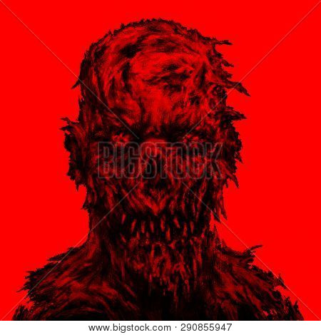 Monster Morph Looks Creepy. Illustration In Genre Of Horror. Scary Face Character In Black And Red C