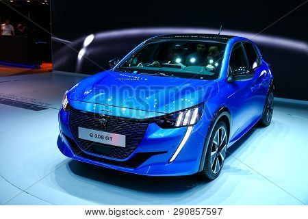 Geneva, Switzerland - March 10, 2019:  All-electric Motor Car Peugeot E-208 Gt Presented At The Annu