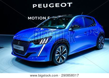 Geneva, Switzerland - March 10, 2019:  All-electric Motor Car Peugeot E-208 Gt Presented At The Annu