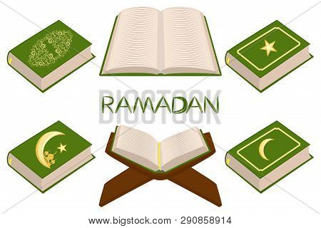 Illustration On Theme Set Different Types Books, Prayer To Celebration Holiday Ramadan. Book Pattern
