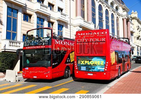 Monte-carlo, Monaco - March 12, 2019: Red Sightseeing Buses Ayats Bravo I In The City Street.
