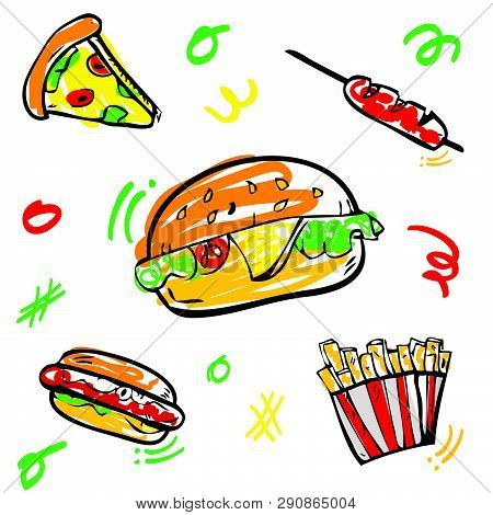 Vector 5 Cute Doodle Junk Food, Burger, Hotdog, Sausage, French, Fries, And Pizza With Scribble Yell