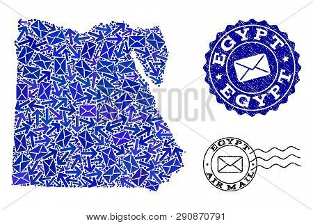 Post Collage Of Blue Mosaic Map Of Egypt And Scratched Stamp Seals. Vector Imprints With Scratched R
