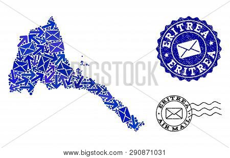 Mail Combination Of Blue Mosaic Map Of Eritrea And Scratched Seals. Vector Seals With Scratched Rubb