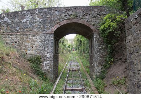 The View Of Railroad Between Green Trees To Montecatini Alto, Tuscany, Italy.