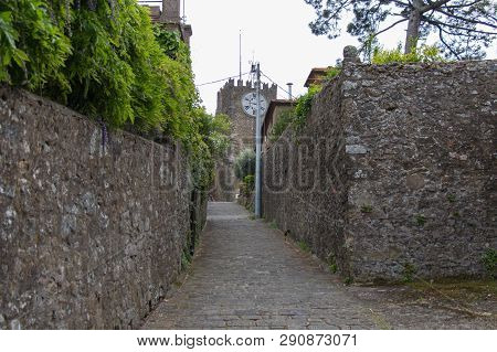 Italy, Montecatini Alto - April 25 2017: The View Of Tower Of Carmine Or Clock Tower, Xii Century, I