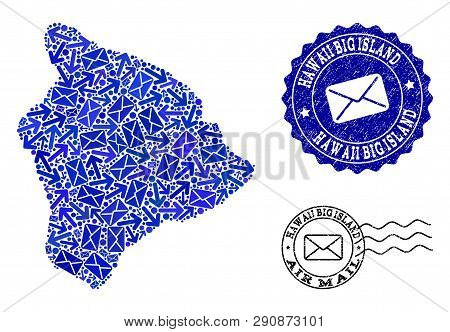 Mail Collage Of Blue Mosaic Map Of Hawaii Big Island And Scratched Seals. Vector Seals With Unclean 