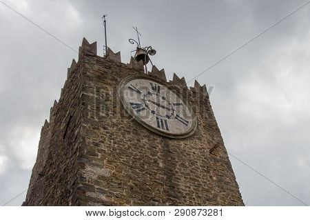 Italy, Montecatini Alto - April 25 2017: The View Of Upper Fragment Of Carmine Tower Or Clock Tower,