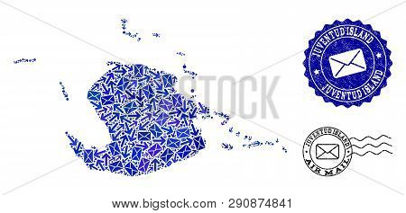 Mail Composition Of Blue Mosaic Map Of Juventud Island And Rubber Stamps. Vector Imprints With Corro