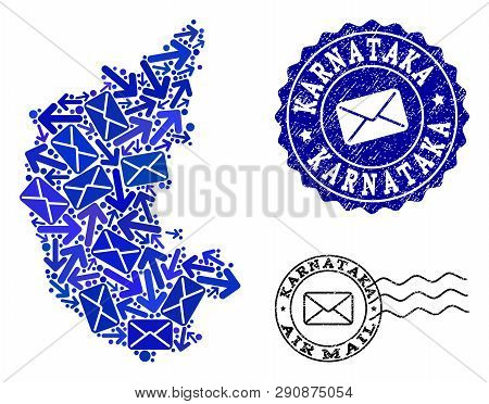 Post Combination Of Blue Mosaic Map Of Karnataka State And Scratched Seals. Vector Imprints With Scr