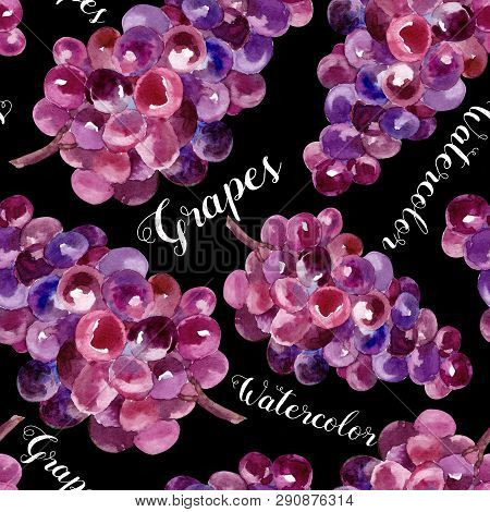 Watercolor Seamless Pattern Of Grapes. Hand Draw Illustration.
