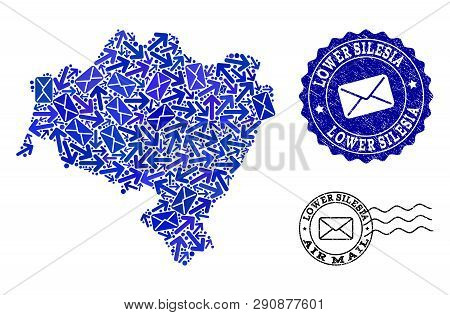 Post Combination Of Blue Mosaic Map Of Lower Silesia Province And Rubber Stamp Seals. Vector Seals W
