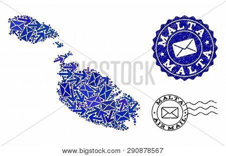 Post Composition Of Blue Mosaic Map Of Malta And Scratched Stamps. Vector Watermarks With Scratched 