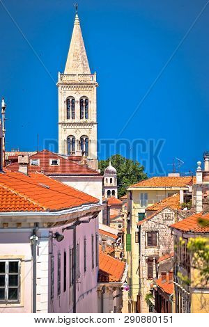 Historic Zadar Tower And Kalelarga Street View, Adriatic Coast In Dalmatia Region Croatia