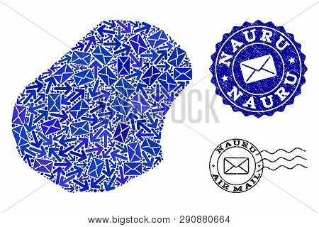 Post Collage Of Blue Mosaic Map Of Nauru And Rubber Stamp Seals. Vector Watermarks With Scratched Ru