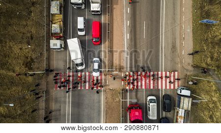 Strike And Protest Of People. Blocked The Road. Crowd Of Annoyed Protesters Blocking Road With Deman