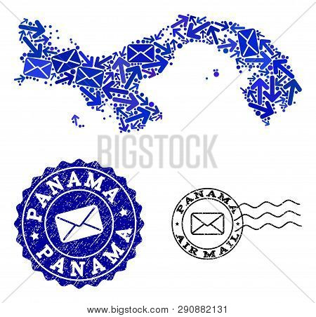 Mail Combination Of Blue Mosaic Map Of Panama And Scratched Stamps. Vector Watermarks With Scratched