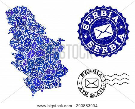 Post Composition Of Blue Mosaic Map Of Serbia And Scratched Stamp Seals. Vector Imprints With Scratc