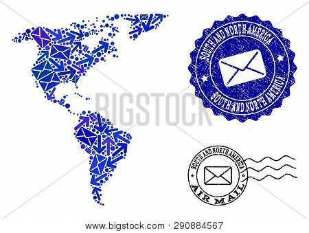 Mail Collage Of Blue Mosaic Map Of South And North America And Scratched Seals. Vector Seals With Sc