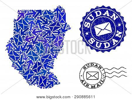 Post Collage Of Blue Mosaic Map Of Sudan And Rubber Stamps. Vector Watermarks With Scratched Rubber 