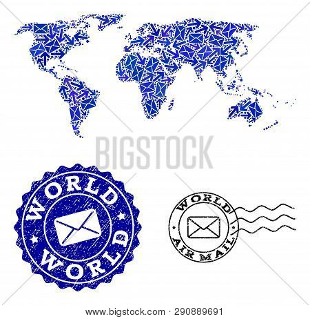 Post Combination Of Blue Mosaic Map Of World And Scratched Stamps. Vector Seals With Scratched Rubbe