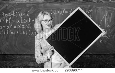 Teacher Show School Information. Remember This Information. Teacher Smart Smiling Woman Hold Blackbo
