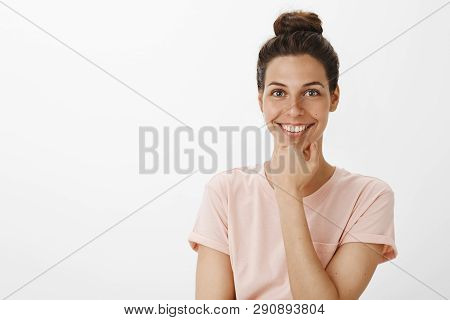Bright Charismatic And Happy Attractive Woman With Clear Perfect Skin Smiling Broadly Holding Hand O
