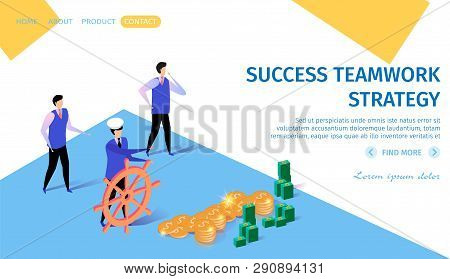 Sucess Teamwork Strategy Horizontal Banner With Copy Space. Business Navigation. Businessman In Cap 