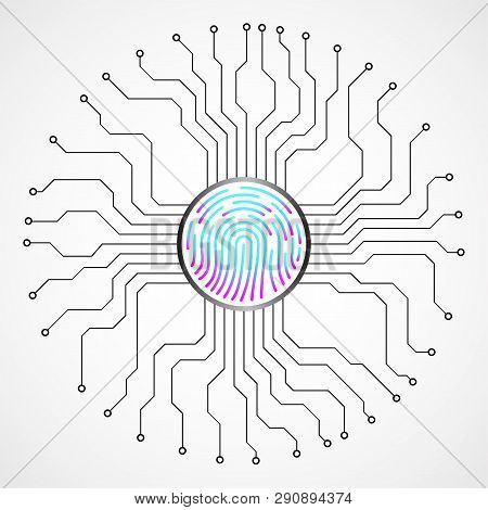 Abstract Sign Fingerprint With Circuit Board By Circumference. Technology Concept. Vector