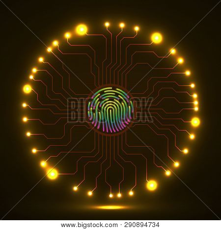 Abstract Neon Sign Fingerprint With Circuit Board By Circumference. Technology Concept. Vector