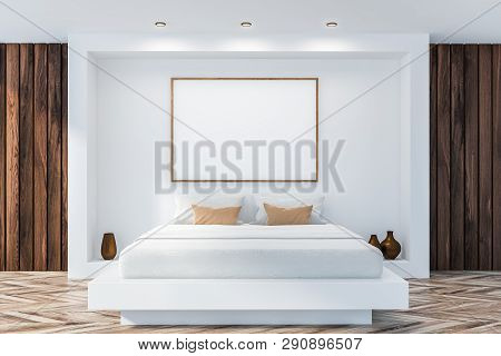 Stylish Bedroom Interior With White Bedding Of King Size Bed In Fashionable. 3D Render.