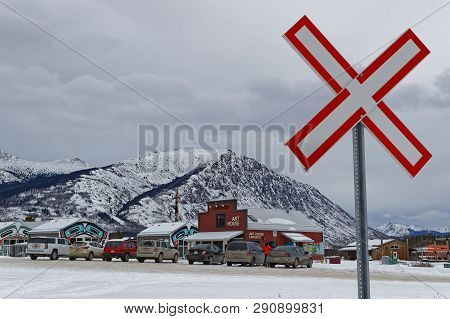 Carcross, Yukon, Canada, March 9, 2019 : Main Street In Carcross. Carcross Is An Unincorporated Comm