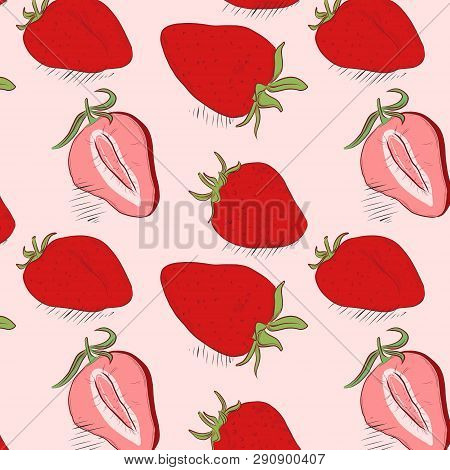 Straberries On Pink Decoraition. Modern Food Fabric Pattern. Dessert Fruit Natural Background. Healt