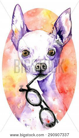 Watercolor White Doggy With Glasses In Its Jaws. Dog With Purple Peaky Ears. Hand-drawn Illustration