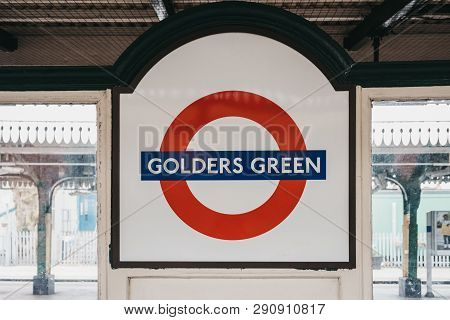 London, Uk - March 16, 2019: Station Name Sign On The Outdoor Platform Of Golders Green Tube Station