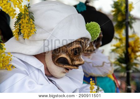 Basel, Switzerland - March 11, 2019: Participant At The Parade Of The Carnival Of Basel. The Carniva